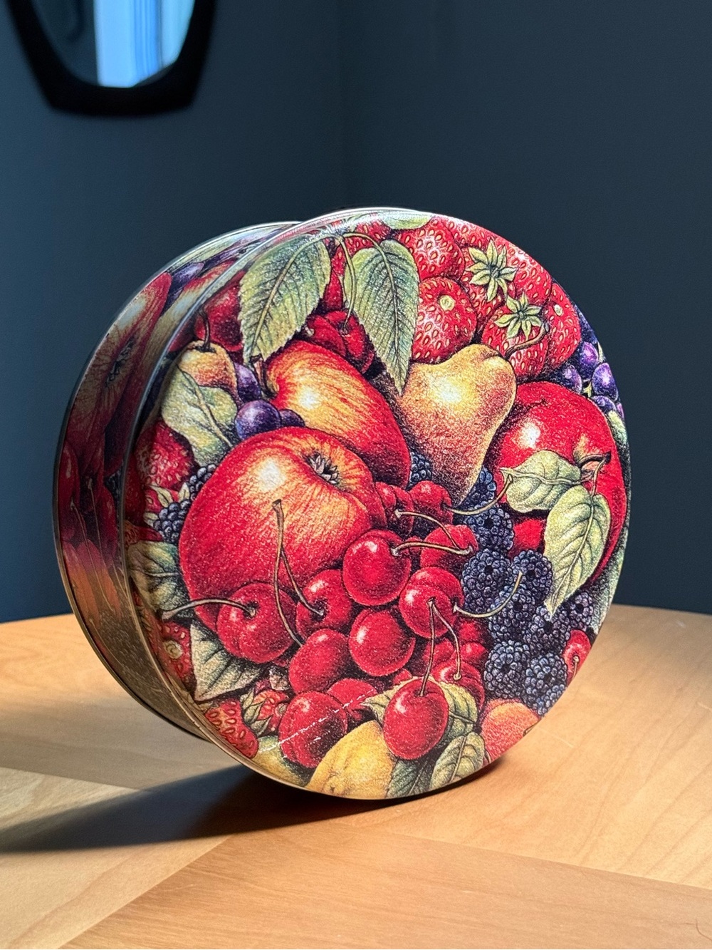 Vintage Bright Fruit Patterned Lidded Tin Candy Cookie Storage Box Cottagecore